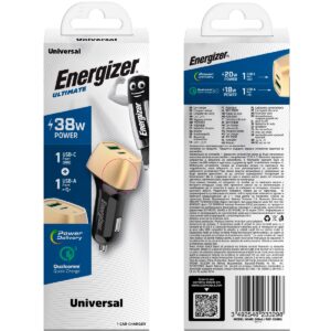 Φορτιστής Αυτοκινήτου Energizer D38BG με PD, QC με έξοδο USB-C/USB-A 38W/3A  Μαύρο-Χρυσό