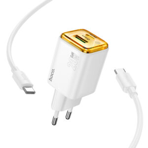 Φορτιστής Ταξιδίου Small Size Hoco N52 Monsoon PD20W QC3.0A GaN με 2 Εξόδους Φόρτισης 1xUSB και 1xUSB-C Λευκός + Καλώδιο σύνδεσης Type C to Type C 1m