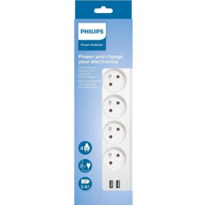 Πολύπριζο Philips SPN3042WA/19 με 4 Θύρες Εισαγωγής Σούκο Διακόπτη On/Off και 2 Θύρες USB Καλώδιο 2m Λευκό