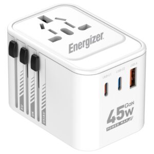 Παγκόσμιος Φορτιστής Ταξιδίου Energizer ETC450 US/AU UK EU με 1xUSB-A 30W και 2xUSB-C 45W/12W GaN Λευκός